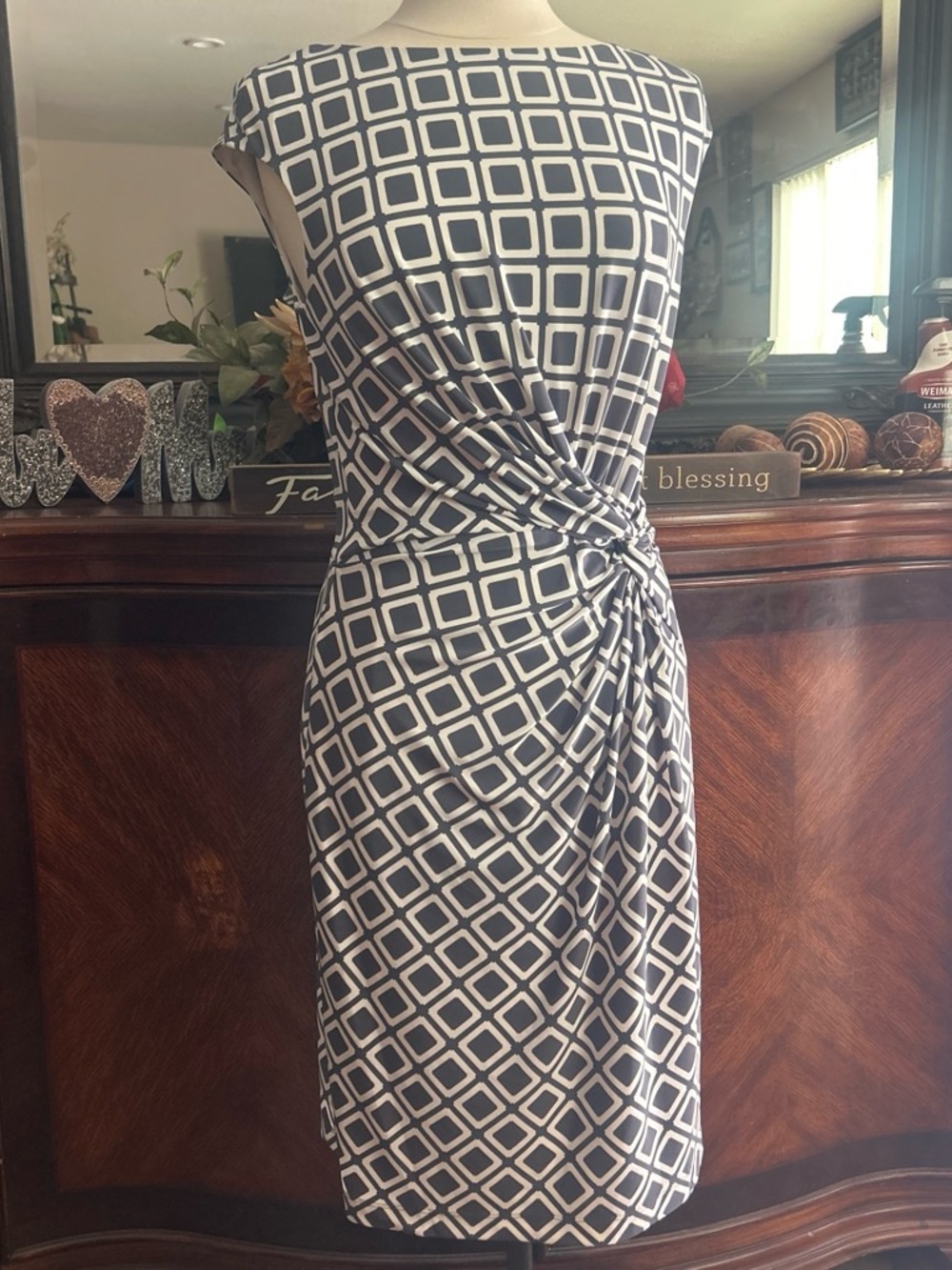 Ralph Lauren Gray & White Geometric Twist Midi Dress